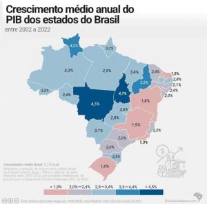 Gráfico do crescimento médio anual do PIB dos estados do Brasil (Gráfico: Divulgação/Reprodução/Brasil em Mapas).